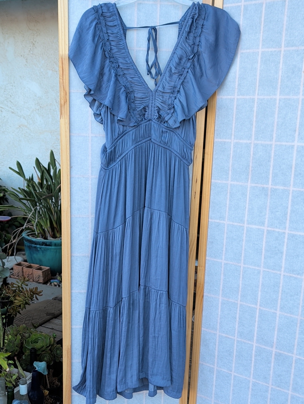 Dusty Blue Ruffle V-Neck Maxi Dress Casual Flowy Loose Fitting
